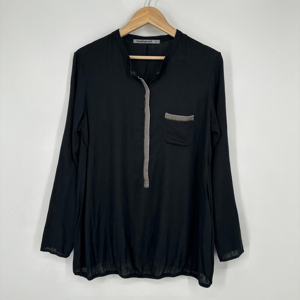 Transit Par Such Long Sleeve Blouse Cotton Blend Crew Neck Henley Top, Black